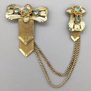 12k 1/20 Yellow Rose Gold Fill Chatelaine Brooch Pin Blue Rhinestone VTG Revival
